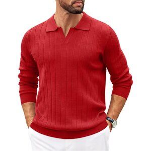 Coofandy Men Red Polo Long Sleeve V Neck Knit Lightweight Pullover Sweater